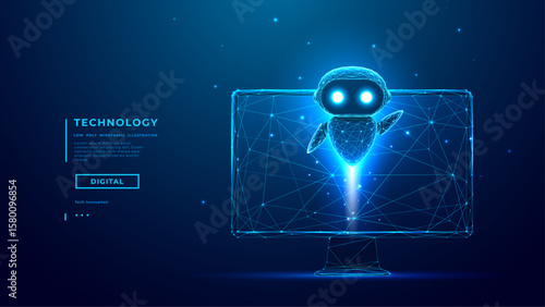 Abstract Tech AI Agent or Chatbot are Flying of Computer Monitor Screen. Futuristic AI Robot on Dark Blue Background. Artificial Intelligence Innovation Concept. Digital Vector Illustration.