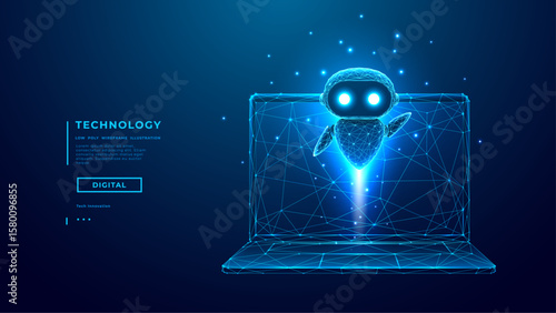 Futuristic AI agent bot flying out of a digital laptop. Robot assistant concept in tech wireframe style, perfect for artificial intelligence, automation, and virtual helpers. Low poly wireframe vector
