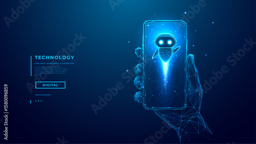 AI assistant bot flying out of a smartphone screen. Mobile app robot with glowing eyes in digital low poly style. Futuristic AI, app tech, and virtual support concept. Technology vector illustration.