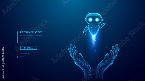 AI Agent Concept. Cute Technology AI Mascot in Abstract Human Palms. Artificial Intelligence Innovation And Safety. Futuristic Chatbot Character. Low Poly Wireframe Digital Vector Illustration. 