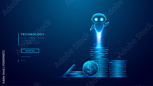 AI agent robot flying above stacks of coins. Modern fintech assistant bot helping with investment and budget management. Digital finance, trading, and AI-powered market solutions. Vector illustration.