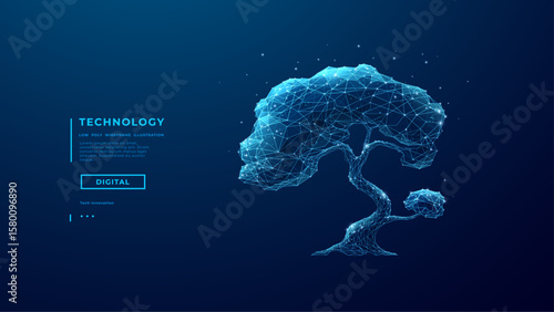 Abstract Digital Tech Tree in Low Poly Wireframe Style on Dark Blue Technology Background. Growth business and Evolution Concept. Polygonal Tree. AI Agriculture Innovation. Vector illustration.