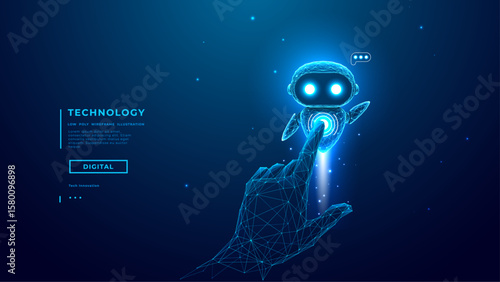 Technology Human Digital Hand Are Touching On Abstract AI Agent Mascot or Flying Cute Robot. Futuristic chatbot on Dark Blue Tech Background. Power On Innovation. Vector Illustration.