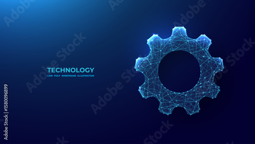 Abstract Technology Gear in Digital Low Poly Blue Wireframe Style. Cog Wheel. Vector Illustration. Connected Dots, Lines, as Starry Sky.