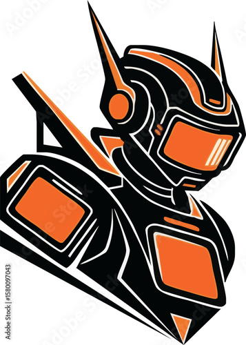 A stylized vector illustration of a futuristic robot warrior's head and shoulders in black and orange.