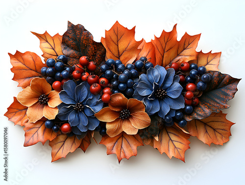 An elegant autumn arrangement with artificial blue flowers, orange leaves, and vibrant red and blue berries.