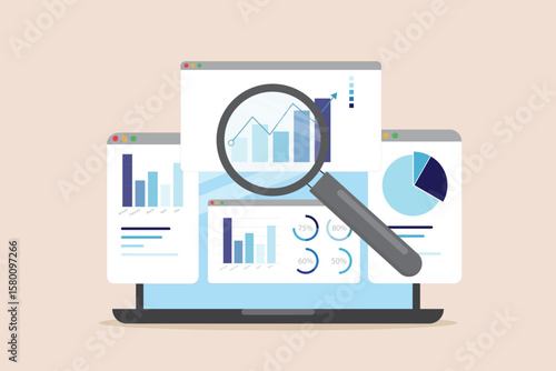 Data analytics research for business finance investment analysis from Technology and AI concept. Magnifying glass with marketing infographic dashboard graph flat vector illustration.