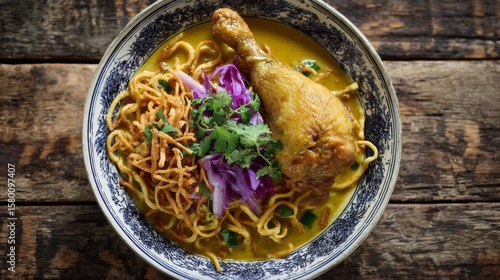 Aromatic curry noodles topped with tender chicken and vibrant garnishes galore