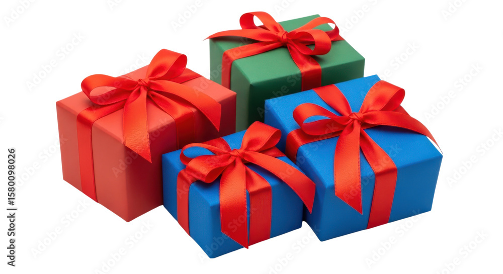 Obraz premium Four colorful gift boxes with red ribbons isolated on transparent background