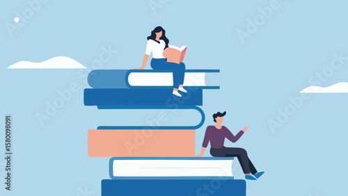 Illustration of a woman reading a book on a stack of books with a man sitting below her in blue sky