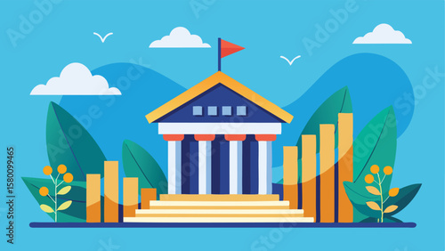 Illustration of a government building with flag, clouds, and financial growth bars in blue scene