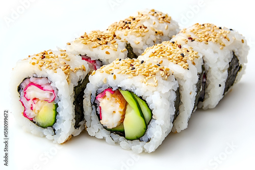 Close-up of six pieces of California sushi roll with rice, seaweed, avocado, crab, and sesame seeds on a white background.