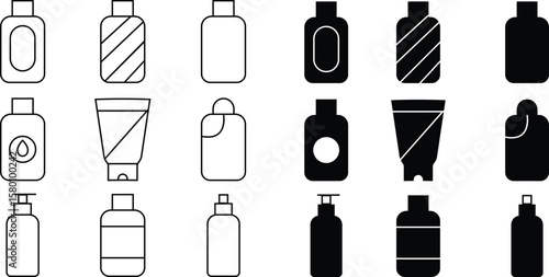 Shampoo icon set, vector symbol design A simple line drawing of a Bottle template design elements, Beauty, hair Care and Cosmetics Icon long and healthy hairs, used for mobile apps, web page, graphics