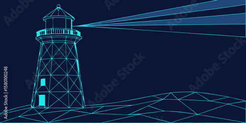 Abstract lighthouse illustration against a deep blue background emits bright light beams, symbolizing guidance and navigation.