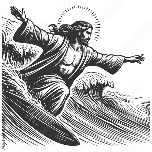 Jesus Christ with radiant halo, riding a surfboard on crashing ocean waves sketch engraving generative ai fictional character vector illustration. Scratch board imitation. Black and white image.