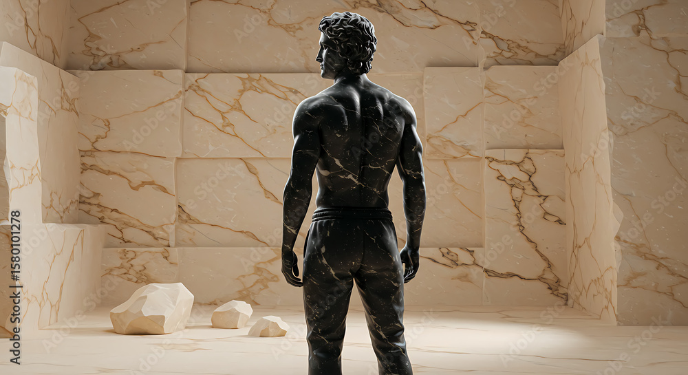 Fototapeta premium A sculpted figure stands in a room with marble walls, gazing forward.