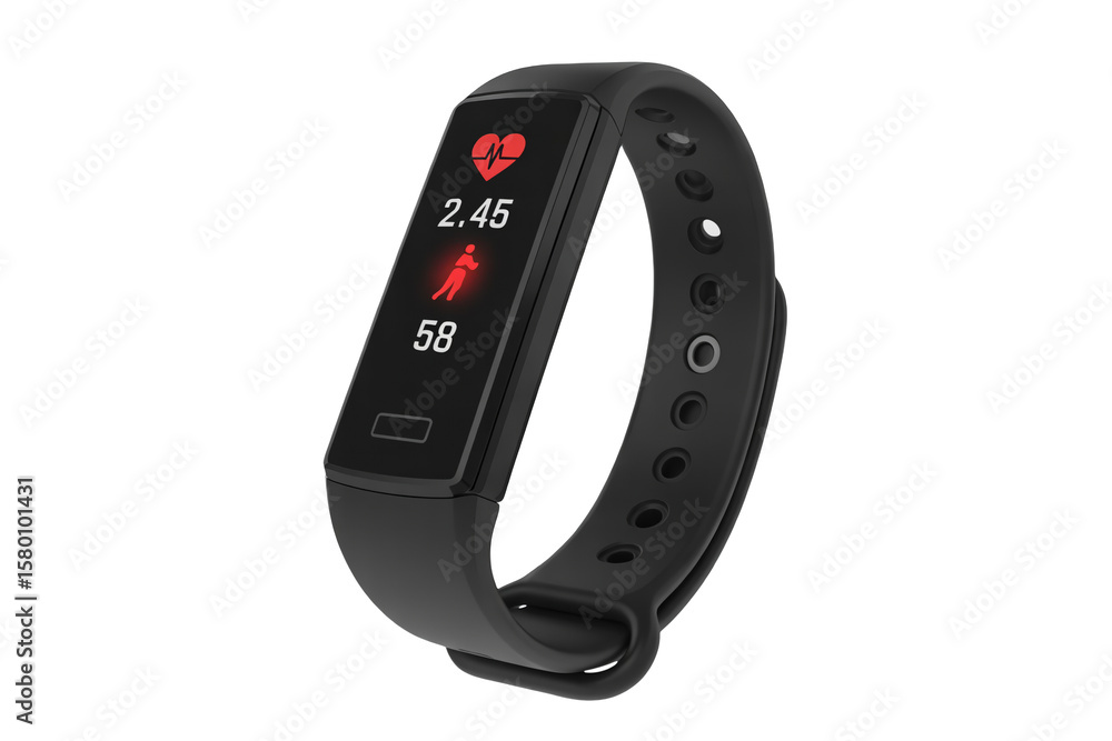 A close up shot of a black fitness tracker displaying health data on a white background studio shot
A close up shot of a black fitness tracker displaying health data on a white background studio shot