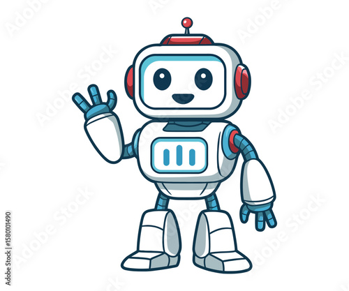 Modern cartoon robot character waving hand in friendly gesture, vector illustration for AI technology, robotics, and futuristic designs