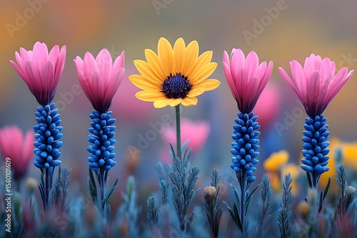 Vibrant Spring Blooms with Yellow and Pink Flowers in Artistic Symmetry