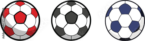 Three colorful soccer balls in red, gray and blue showcasing athletic sports