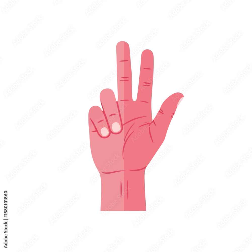 Pink Hand Displaying Three Fingers in Upright Gesture, Isolated. Pink Hand Displaying Three Fingers in Upright Gesture, Isolated.
