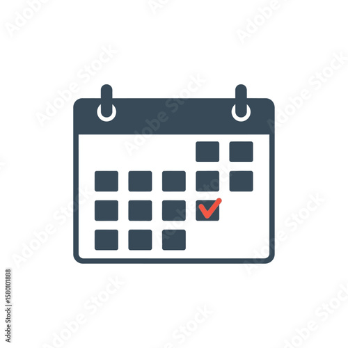 Dark Blue Calendar Icon with Red Check Mark on a Specific Date