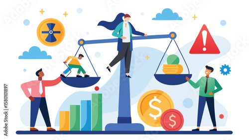 Illustration of a balance scale with people, coins, and financial indicators showing risk and growth