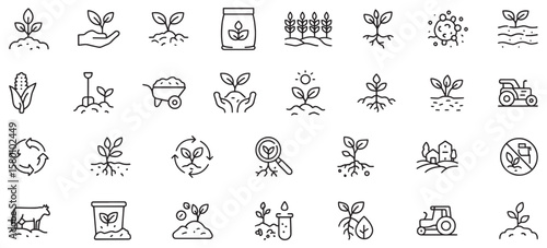 Soil Regeneration & Sustainable Agriculture Line Icons Pack – Unique Vector Icons Featuring Organic Farming, Crop Rotation, Eco-Friendly Practices, and Soil Health Elements