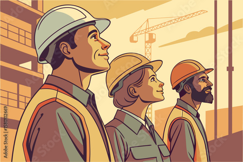 Diverse group of construction engineers observing progress on site at sunset