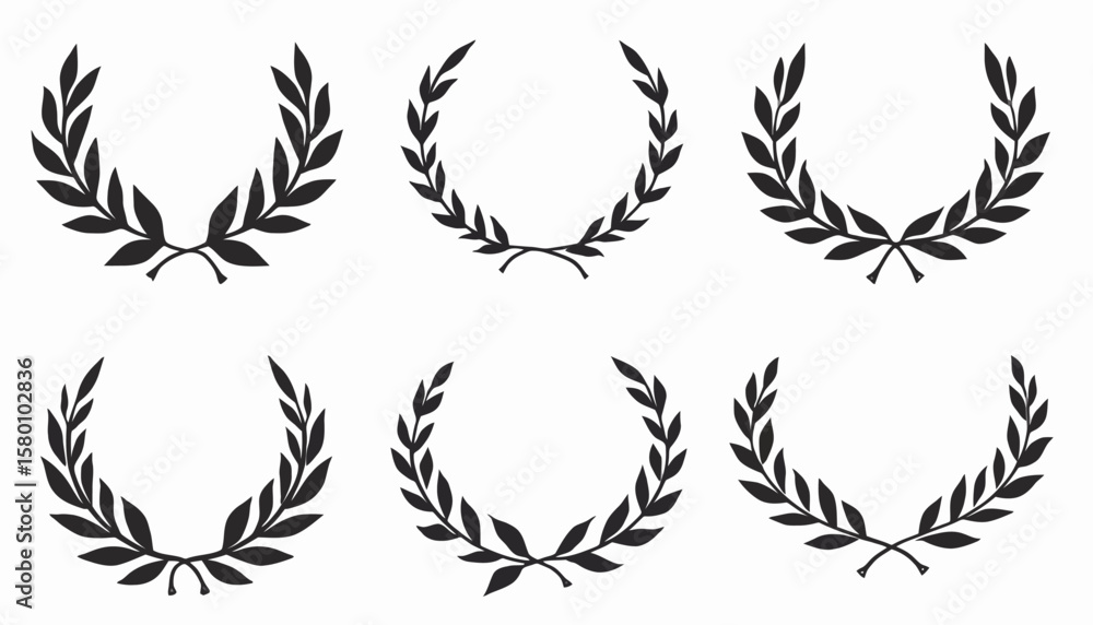 Obraz premium Six Black Laurel Wreaths on White Background, Decorative Design Elements