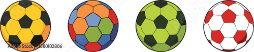 Four unique and colorfully designed cartoon soccer balls in a row