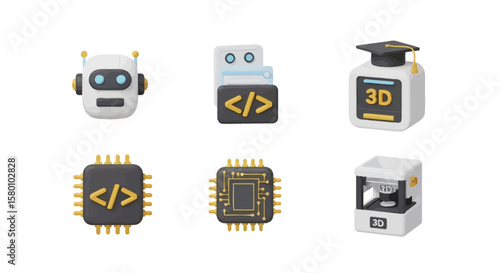 Set of Six 3D Rendered Technology Icons: Robot, Code, 3D Printing, and Microchips