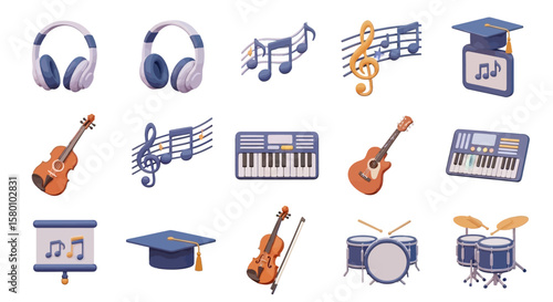 Colorful Flat Illustration of Various Musical Instruments and Accessories