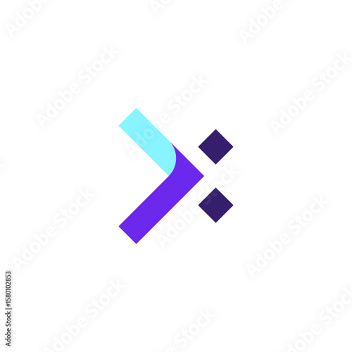 A vibrant logo composed of a teal and purple arrow-like shape pointing right, followed by two dark purple square dots arranged vertically