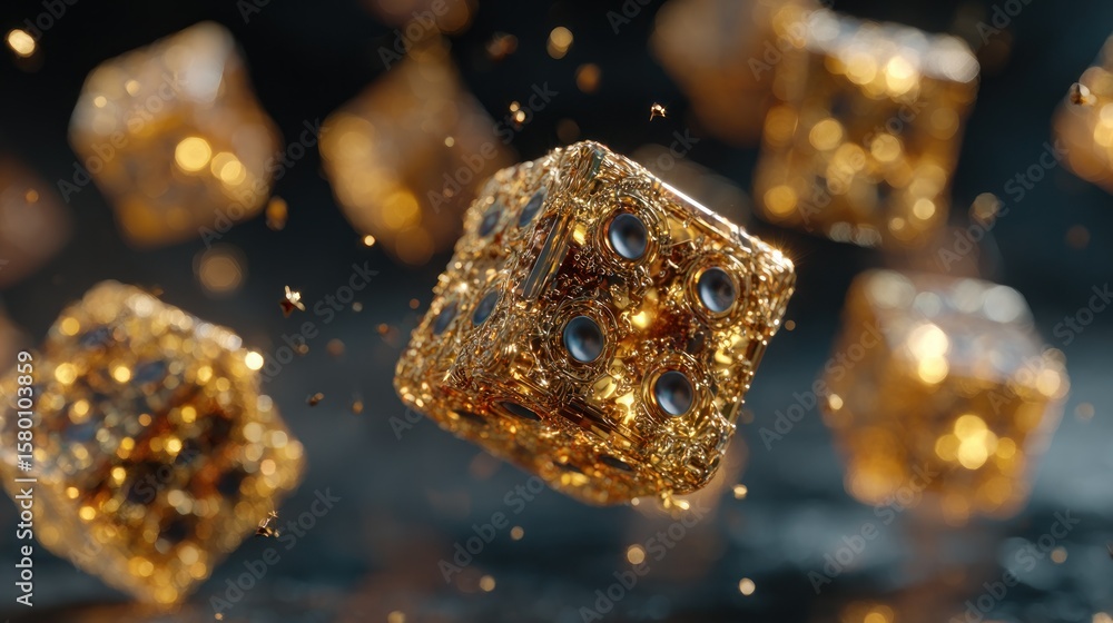 Golden dice suspended in mid-air, intricate design Golden dice suspended in mid-air, intricate design