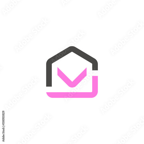 A minimalist logo combining a grey house outline with a vibrant pink checkmark integrated into the lower right, symbolizing property verification or completion