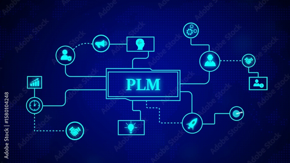 Product lifecycle management plm concept digital illustration of business connections technology workflow process on a dark blue background Product lifecycle management plm concept digital illustration of business connections technology workflow process on a dark blue background