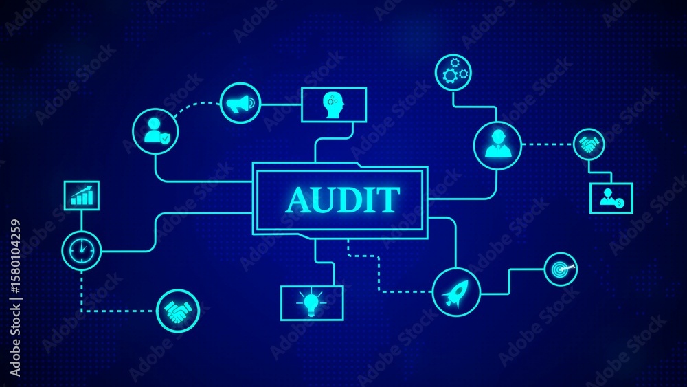 Digital audit concept illustrating connected ideas of business strategy financial analysis and performance review on a dark blue background with futuristic design Digital audit concept illustrating connected ideas of business strategy financial analysis and performance review on a dark blue background with futuristic design