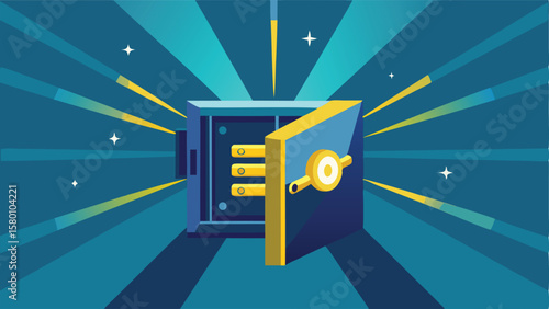 Illustration of an open safe with a key, surrounded by radiating lines and star accents in blue hues