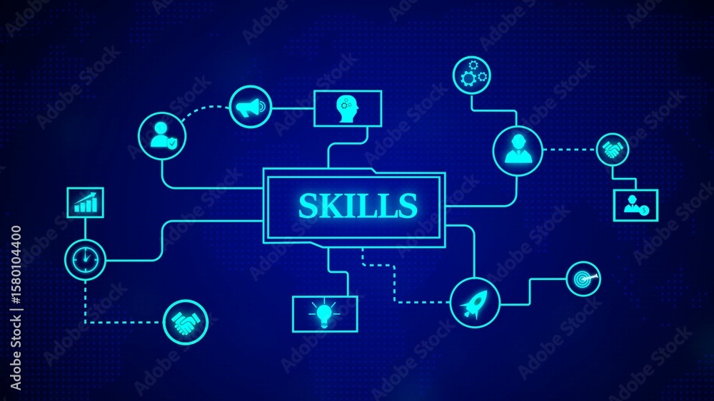 Digital skills and competency development diagram representing business strategy and future innovation on a dark blue background Digital skills and competency development diagram representing business strategy and future innovation on a dark blue background
