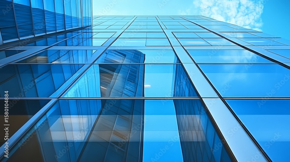 Obraz premium Sleek Urban Office Building with Glass Facade Reflecting Sky and City in Vibrant District