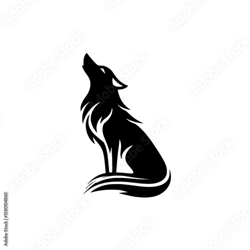 Howling wolf minimalist vector illustration, Stylized howling wolf sitting and looking up, depicted in minimalist vector style, ideal for logos, tattoos, wildlife art, or branding.
