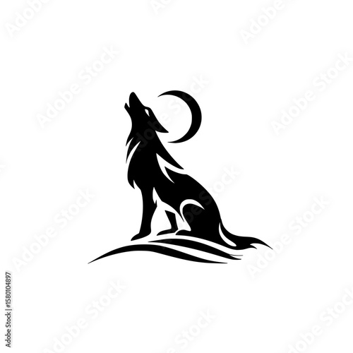 Howling wolf silhouette with crescent moon vector, Stylized vector of a howling wolf sitting before a crescent moon, perfect for wildlife logos, outdoor branding, or nature-themed illustrations.

