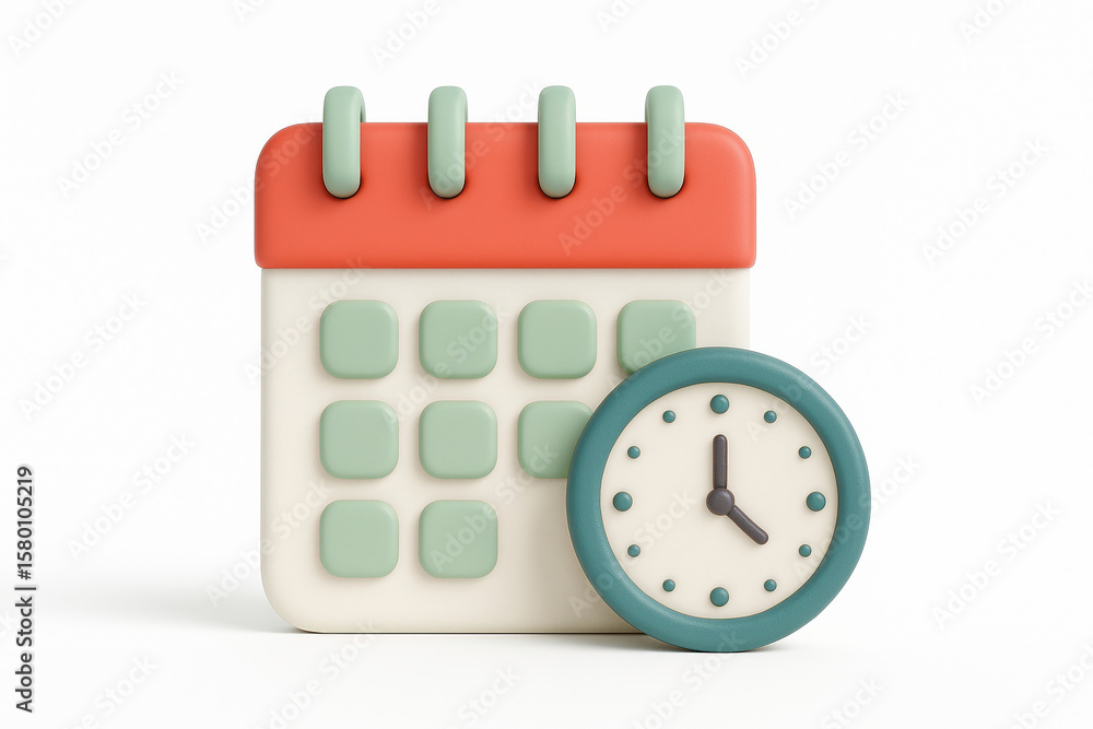 3D Render of a Calendar with a Clock on a White Background, Representing Time Management and Scheduling 3D Render of a Calendar with a Clock on a White Background, Representing Time Management and Scheduling