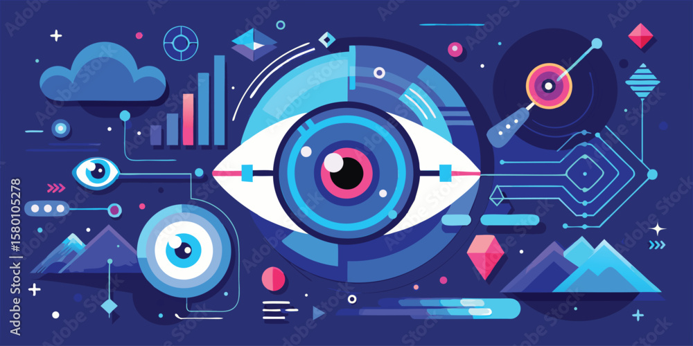 Obraz premium Abstract eye with geometric shapes and data visualization elements on a dark blue background design style