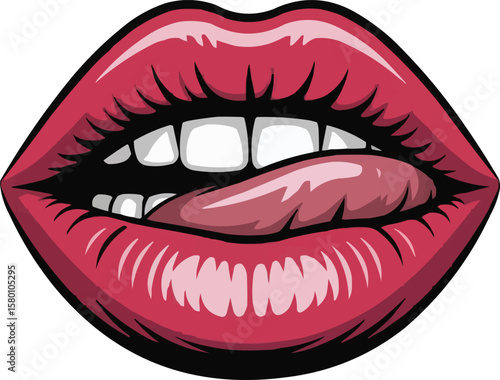 Bold red lips with playful tongue suggest confidence and allure for beauty, fashion, or lifestyle campaigns, adding a touch of edgy elegance