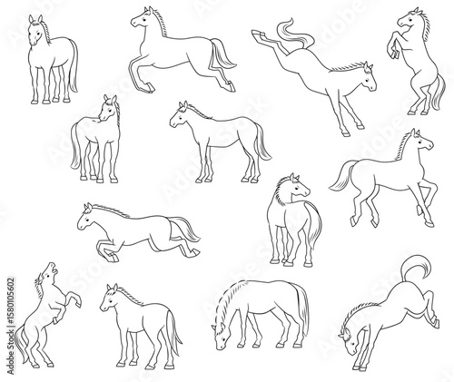 いろいろな馬のポーズ、線画イラストセット
