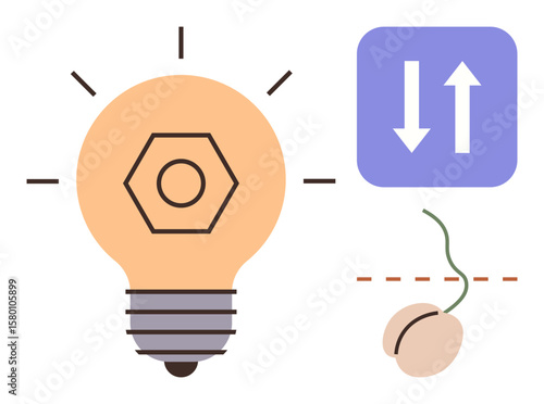 Light bulb radiates creativity arrows show exchange or transfer a growing seed represents development. Ideal for innovation, creativity, growth, progress, entrepreneurship, knowledge sharing