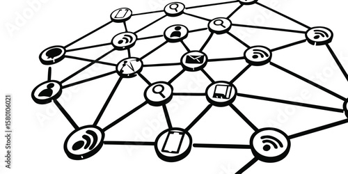 Illustration of a network of interconnected icons representing communication and technology themes
