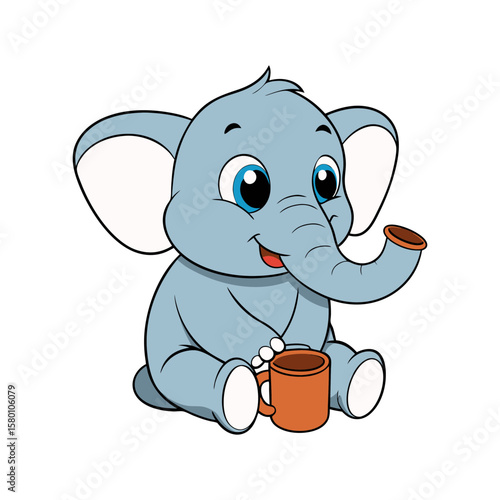 Cute cartoon baby elephant holding a cup. Adorable sitting animal character mascot. Vector illustration isolated on white for kids' design.